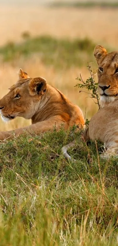 Two lions resting in the golden savannah grass.