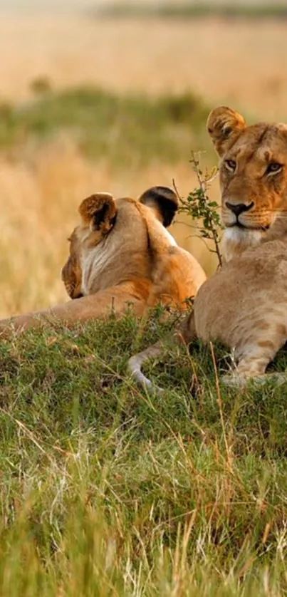 Two lions resting in the golden savannah grass.