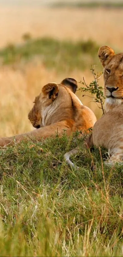 Two lions rest peacefully in a sunlit savannah landscape.