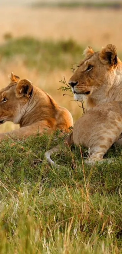 Two majestic lions resting in the golden savannah.