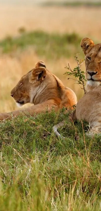 Two lions resting in the savannah grass.