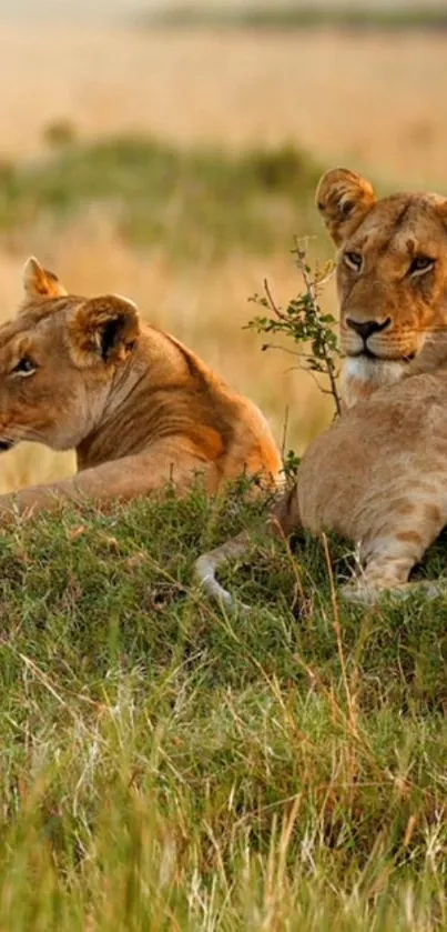 Two lions resting in the African savanna on a sunny day.