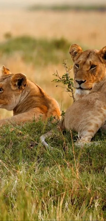 Two lions resting in the African savanna with golden grass surrounding them.