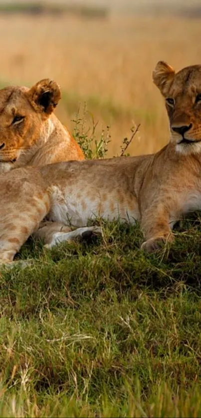 Two lions resting on the savannah with lush greenery.