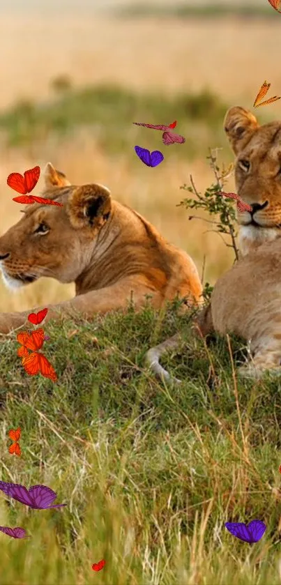 Lions resting in a savanna with colorful butterflies.