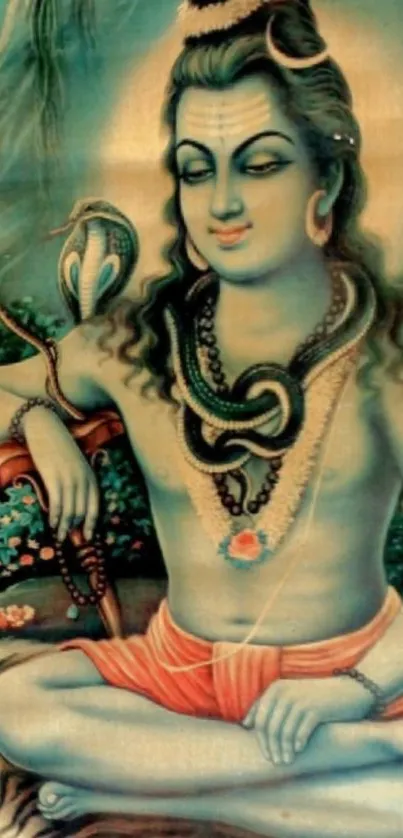 Peaceful artistic depiction of Lord Shiva with a teal background.