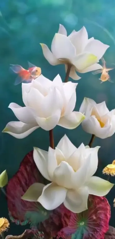 3D wallpaper with lotus flowers and fish in an aquatic setting.