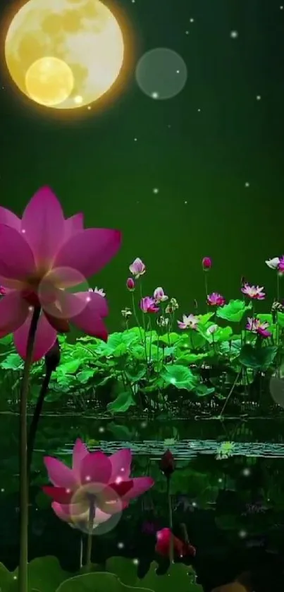 Serene wallpaper with pink lotus and full moon reflection.