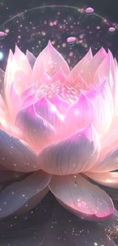 A serene pink lotus blossom with gentle light effects on a dark background.