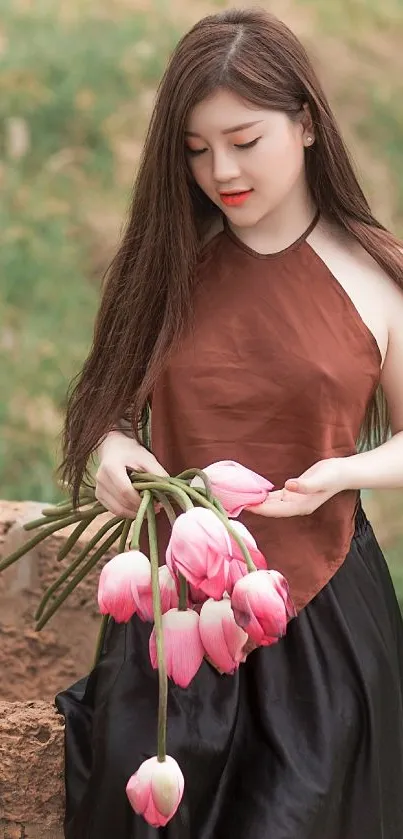 A woman holds lotus flowers in a serene outdoor setting, conveying elegance.