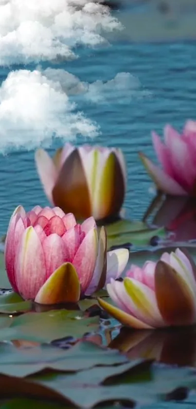 Pink lotus flowers floating serenely with a cloudy sky above.