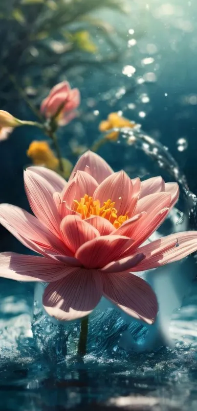 Pink lotus blossom in water with splashes in serene natural setting.