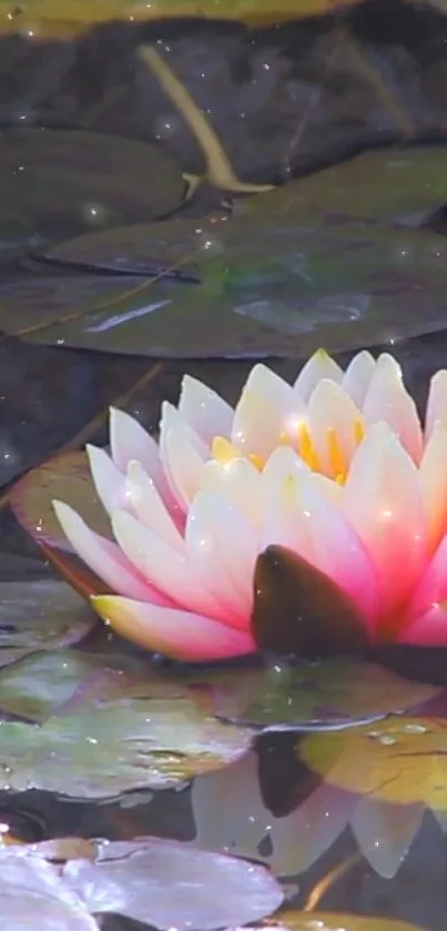 Vibrant lotus blossom on serene water.