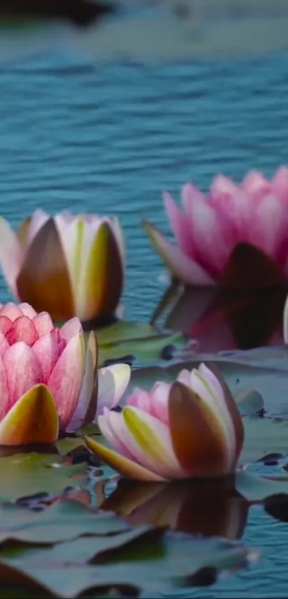 Pink lotus blossoms floating on calm blue water in serene nature scene.