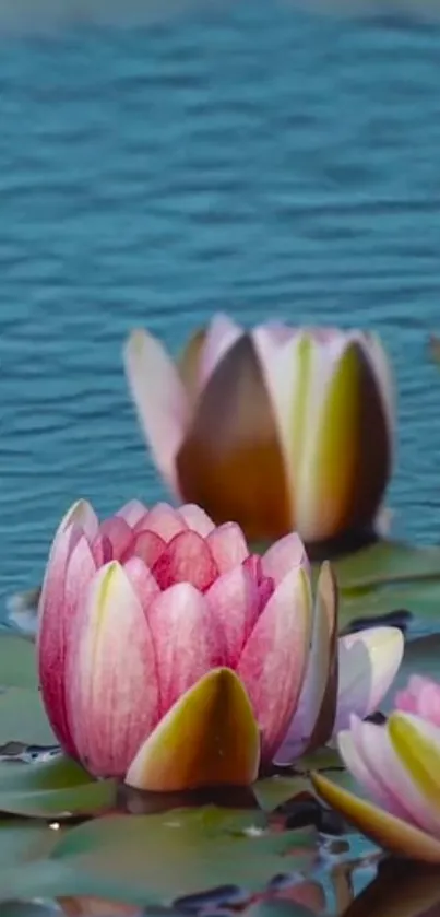 Calm blue water with pink lotus flowers floating serenely.