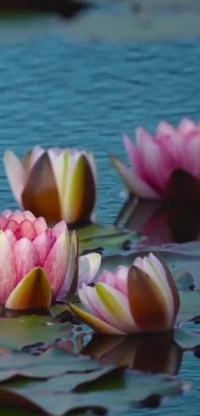 Pink lotus flowers floating in a serene pond.