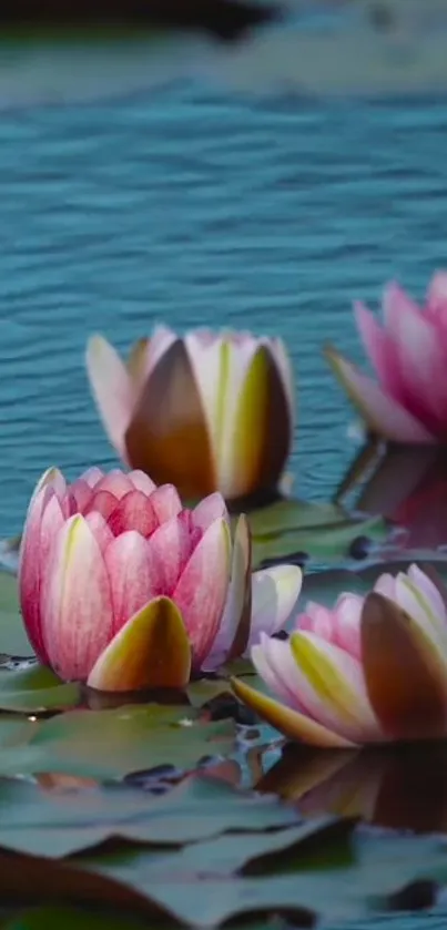 Serene lotus flowers floating on water, creating a calming mobile wallpaper background.