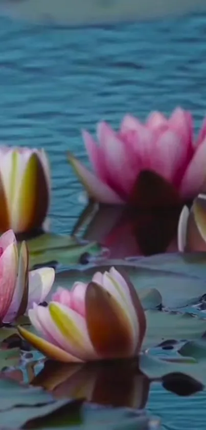 Serene lotus blossoms floating on a pond with tranquil deep blue water.