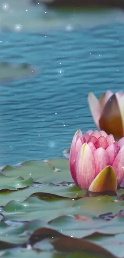 Lotus flowers on a blue pond with serene ambiance.