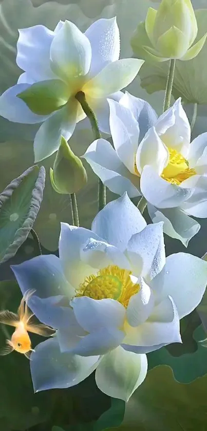 Serene wallpaper featuring lotus flowers with green leaves.