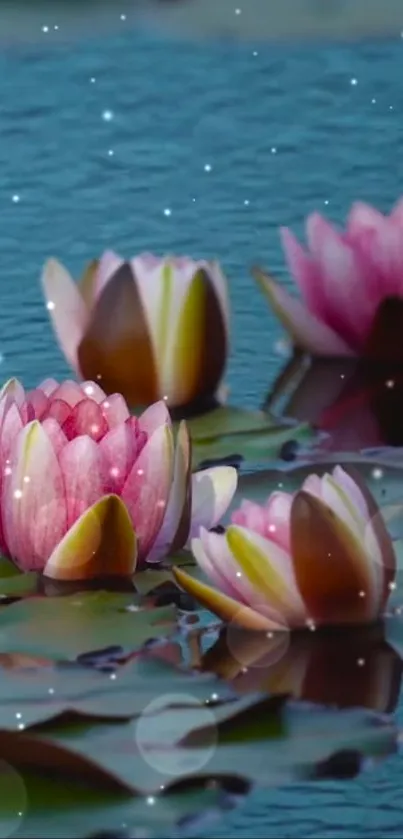 Pink lotus flowers floating on blue water, creating a serene mobile wallpaper.