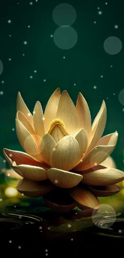 Elegant lotus flower with ambient lighting on emerald green background.