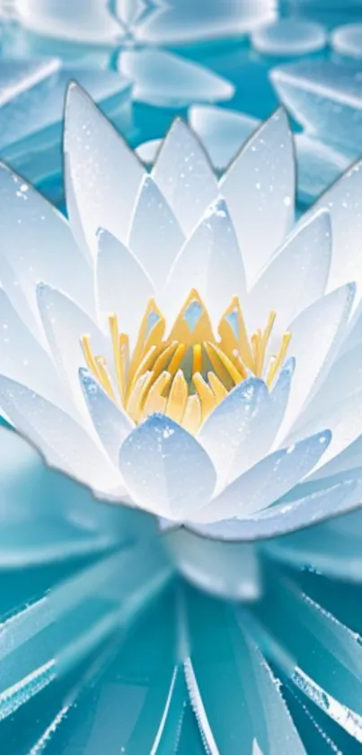 Serene lotus flower with aqua background, featuring water droplets.