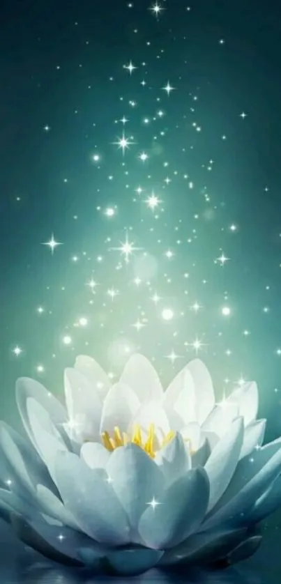 Serene lotus flower glowing with sparkling stars on a teal background.