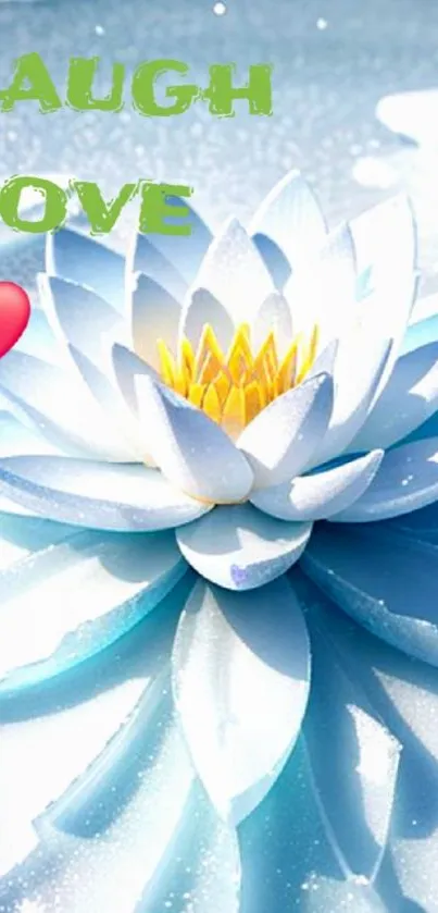 Serene white lotus with laugh love text on mobile wallpaper.