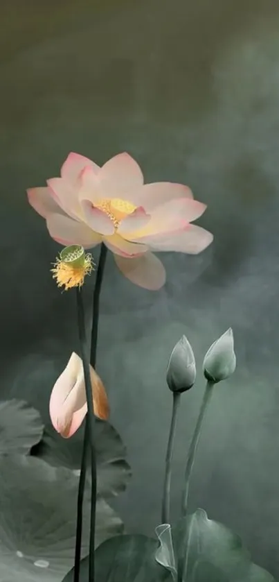 Serene lotus blossom on misty background mobile wallpaper.