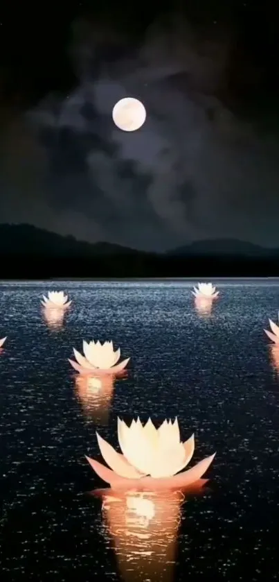 Lotus flowers glowing on moonlit water at night.