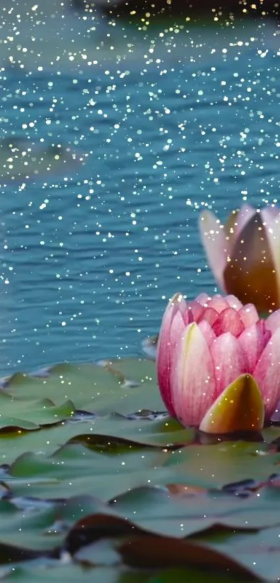 Pink lotus flower on calm water with shimmering particles.