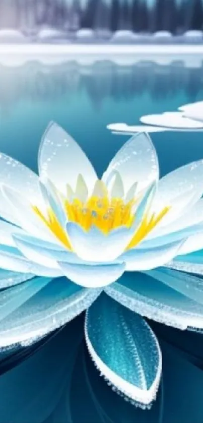 A serene blue and white lotus flower floating on water.