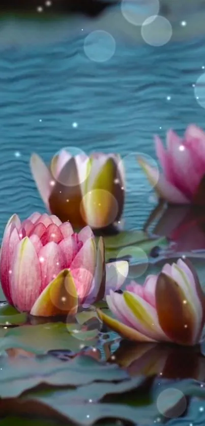 Mobile wallpaper with pink lotus flowers on a serene pond.