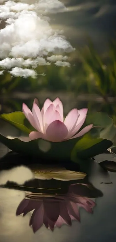 Pink lotus flower reflecting on water with cloudy sky.