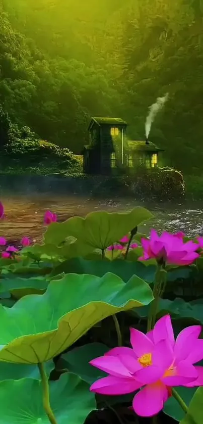 Serene pond wallpaper with pink lotus flowers and a cozy house.