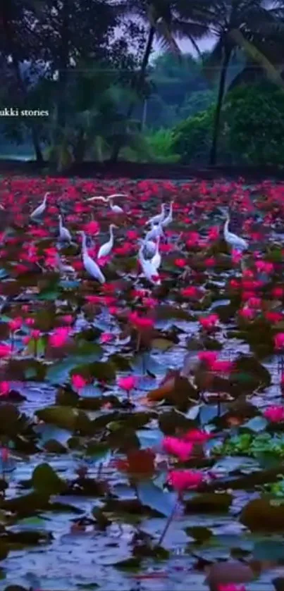 Peaceful pond with lotus flowers and birds