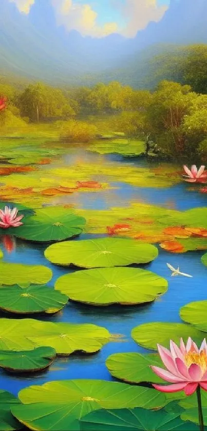 Tranquil pond with lotus flowers and lush greenery in a scenic landscape.