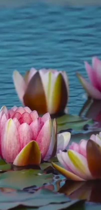 A serene mobile wallpaper with pink lotus on a tranquil blue pond.