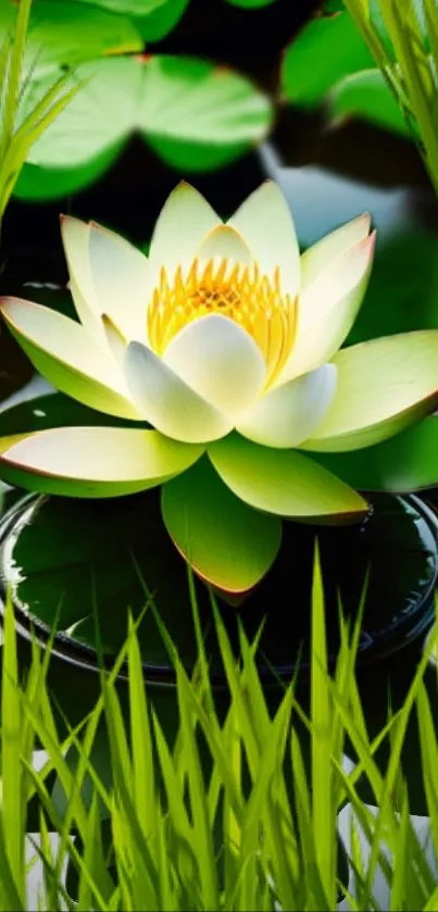 Peaceful lotus flower in a green pond with lush leaves.