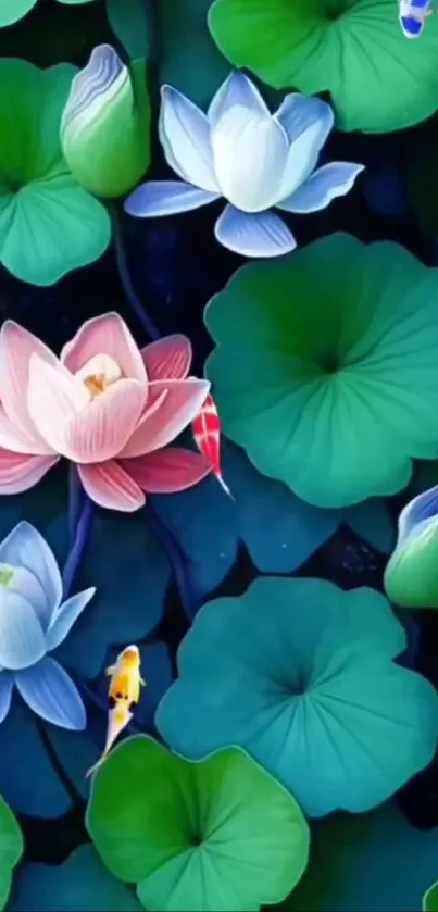 Serene lotus pond wallpaper with lilies and koi fish.