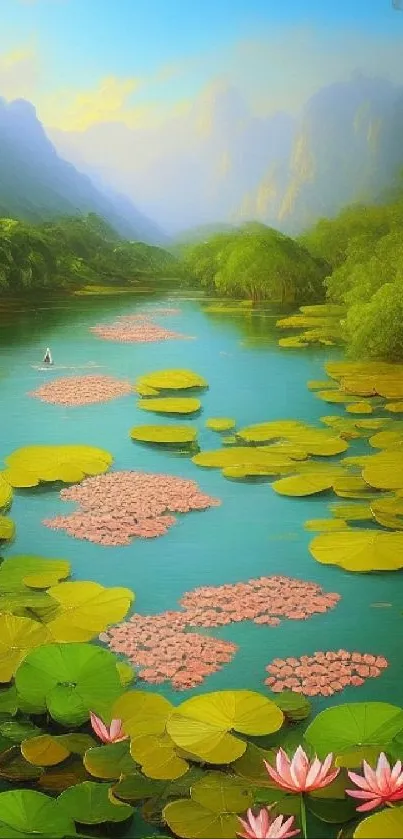 Serene lotus pond with lush greenery and mountains in the background.