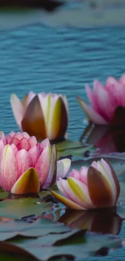 Pink lotus flowers floating on a calm blue pond.