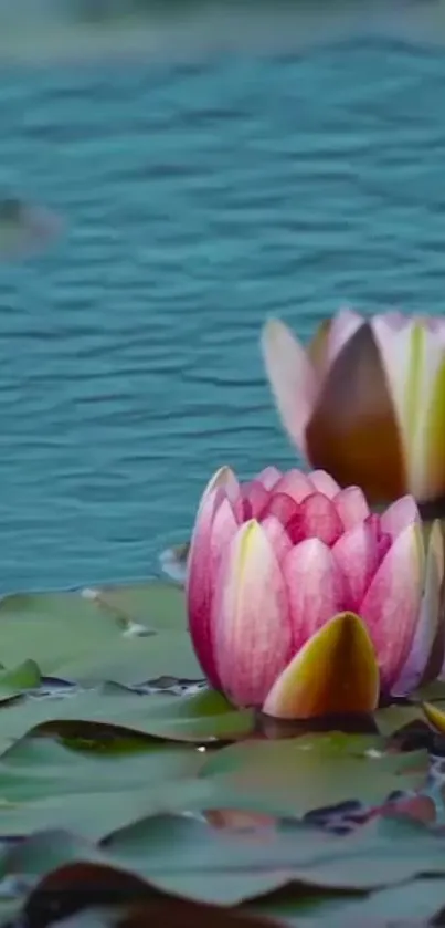 Serene pond with pink lotus flowers and vibrant greenery.