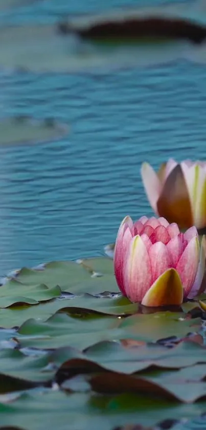 Serene lotus pond with blooming water lilies.