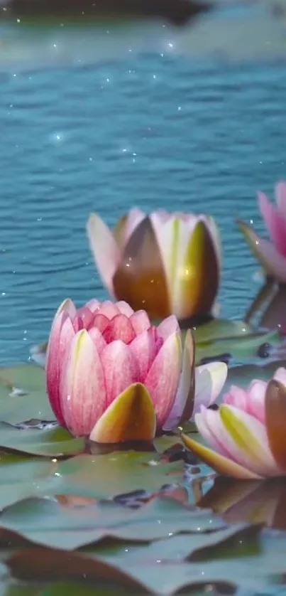 Pink lotus flowers floating on a calm blue pond.