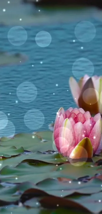 Serene mobile wallpaper of lotus pond with bokeh sparkles.