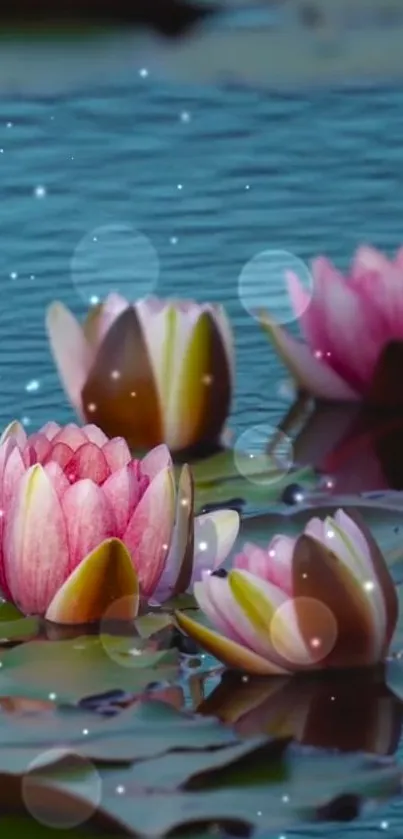 Pink lotus flowers in a serene pond with sparkling water.