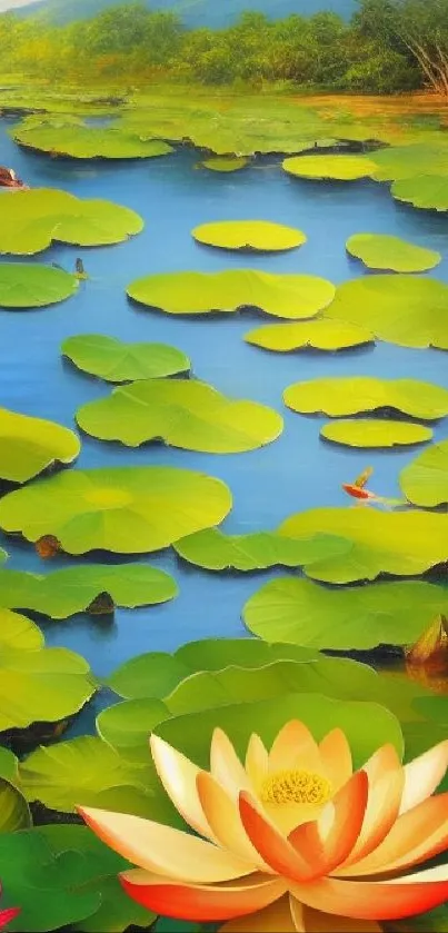 Serene lotus pond with vibrant greenery and blooming flowers.