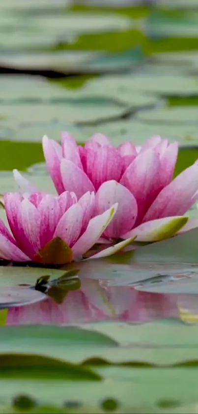 Serene pond with pink lotus flowers and green leaves.